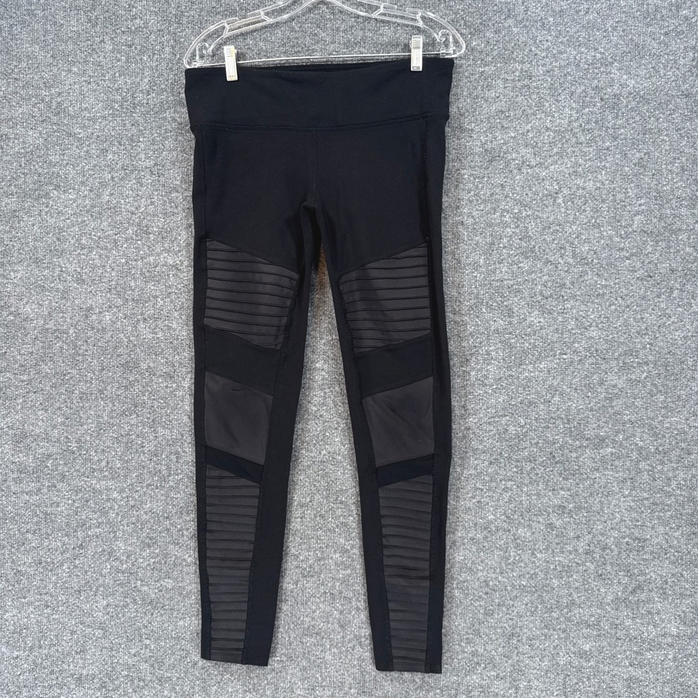 Alo Yoga Moto Leggings Women Large Black Ribbed Mesh Activewear Yoga Pants